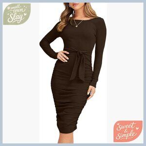 Long Sleeve Midi Dress Ribbed Knit Tie Waist Ruched Bodycon Slim Fit